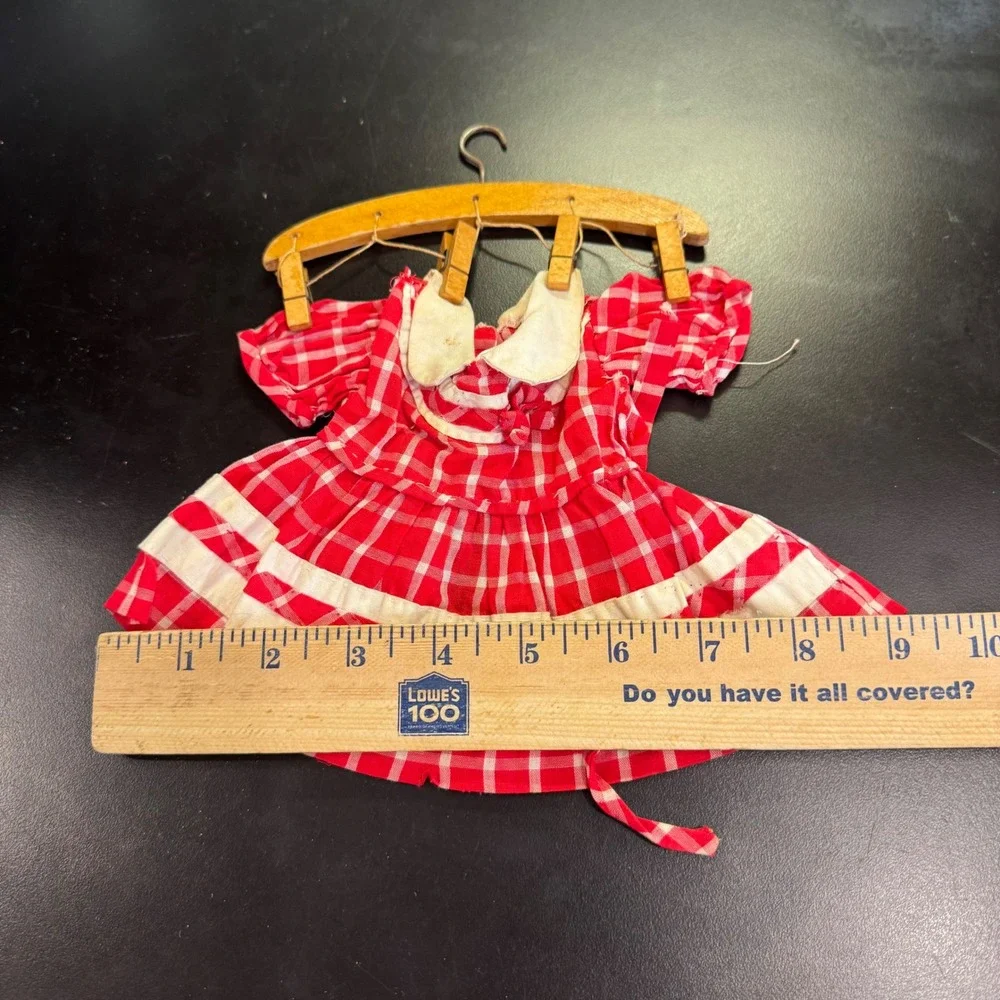 Vintage Doll Dress Red White Gingham Check Peter Pan Collar Tiny Hanger